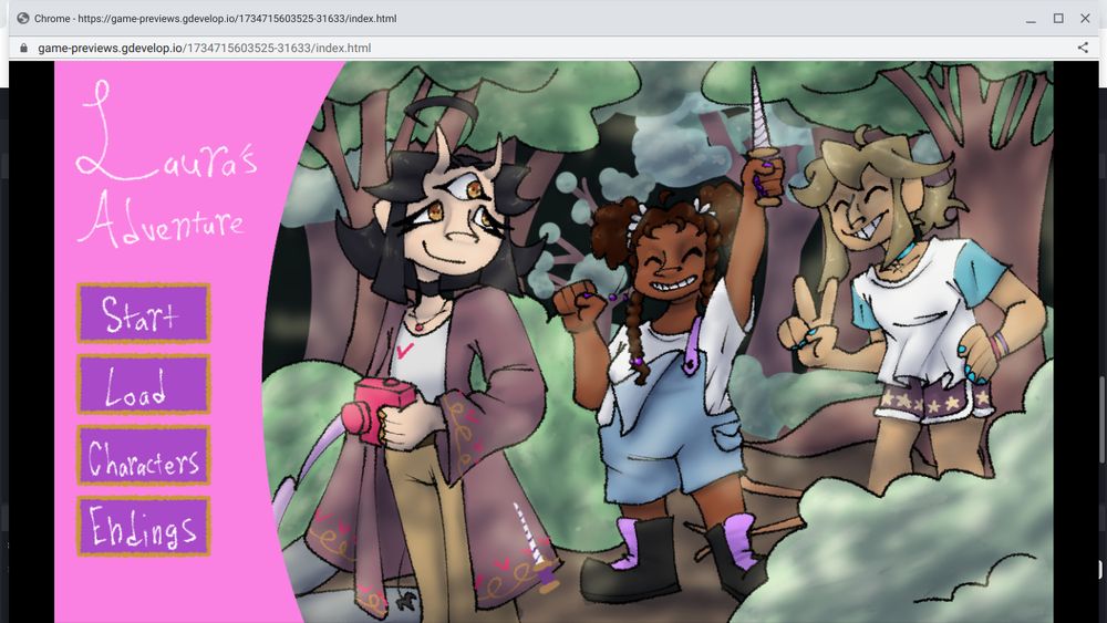 a screenshot of a video game. It's a title screen for a game called "Laura's Adventure." There are four buttons on the left of the screen, labeled top to bottom as Start, Load, Characters, and Endings. the rest of the screen is a drawing of three girls exploring a forest.