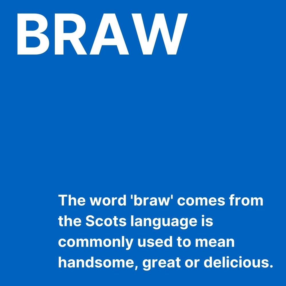 A blue background with white text, in large characters is "BRAW" alongside a definition that reads "The word 'braw' comes from the Scots language is commonly used to mean handsome, great or delicious."