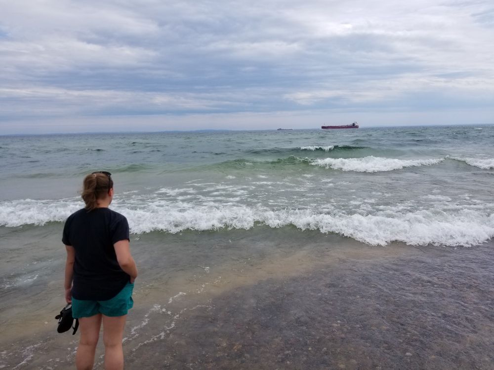 Taylor looking over Lake Superior from shore, with a large freighter in the background