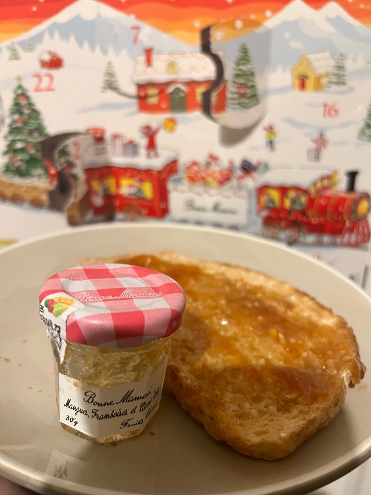 Mango, Raspberry & Lime jam, on toast, with a mini Bonne Maman jar 
