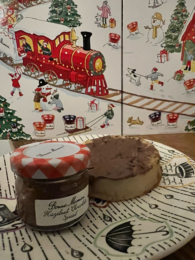 Bonne Maman chocolate and hazelnut spread on a crumpet 