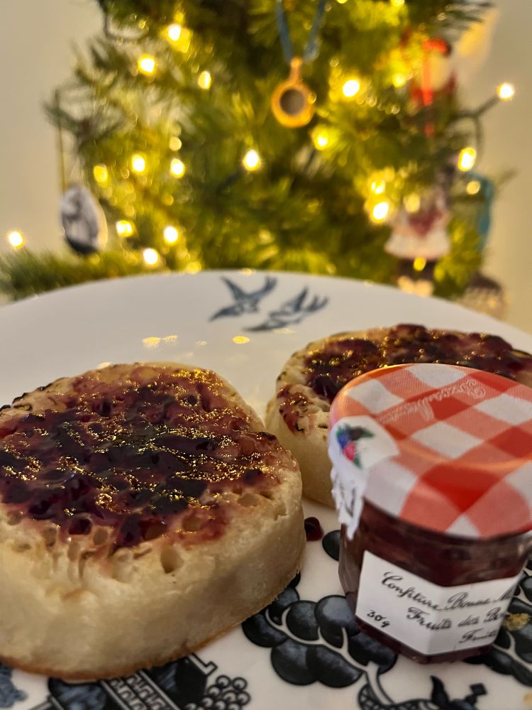 Jam advent calendar day 21 - Mixed Berries. Jam on crumpets with a mini jam jar 