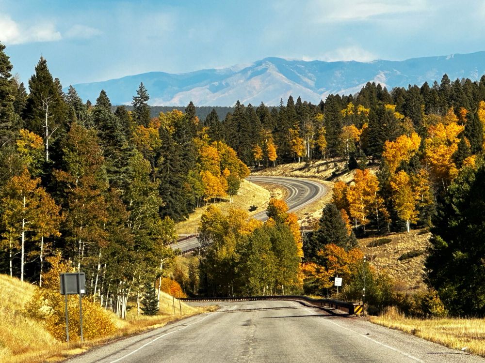 A windy two-land highway through a forest during fall color with mountains in the background.