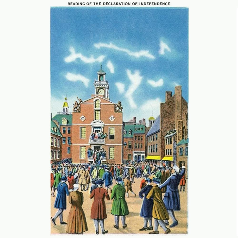A painting of the reading of the Declaration of Independence from the Old State House in Boston.  
