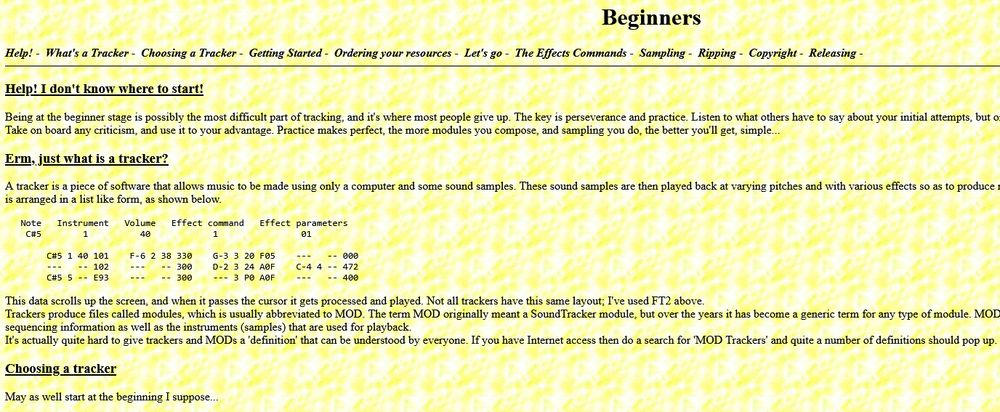 A screengrab of a website that looks like it's from about 1990. It has a yellow and white patterned background, and black default text detailing the "Trackers Handbook" and answering questions like "Help! I don't know where to start!"