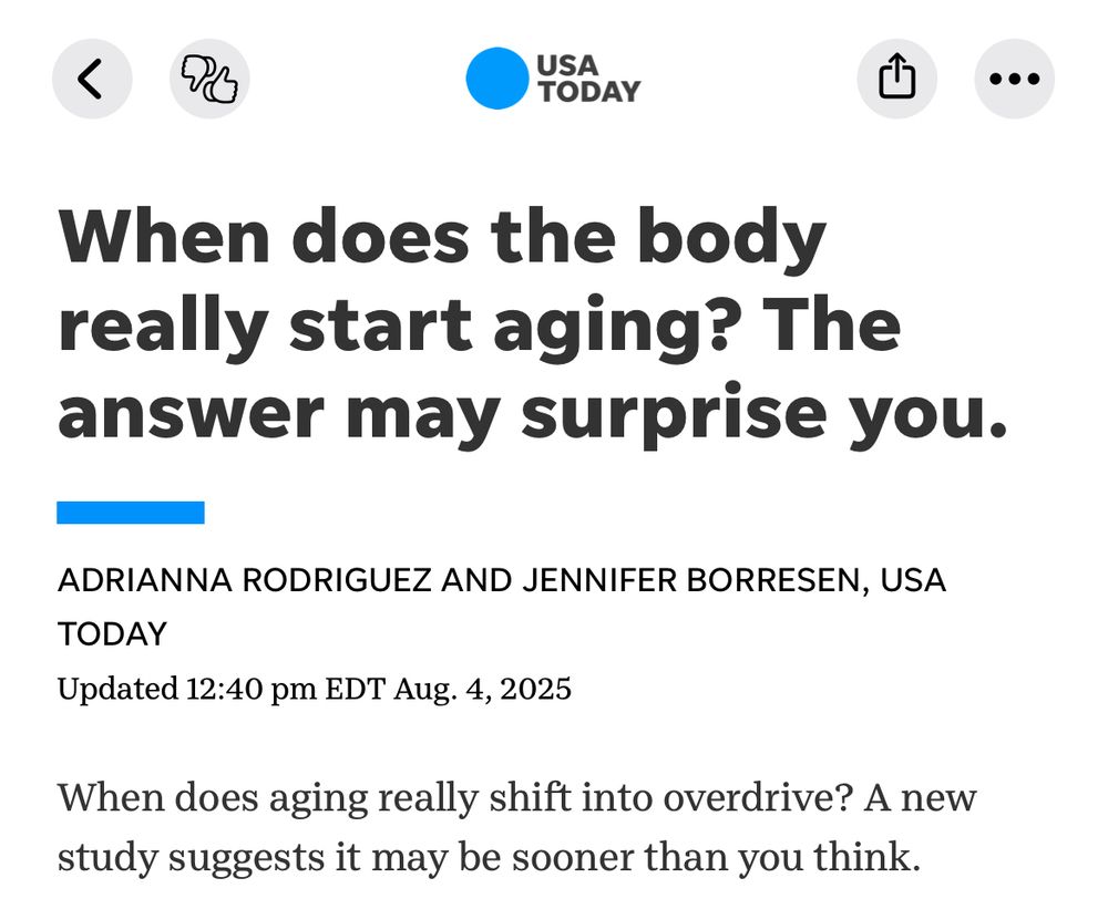 Story from USA Today with a headline that reads: 
When does the body really start aging? The answer may surprise you.