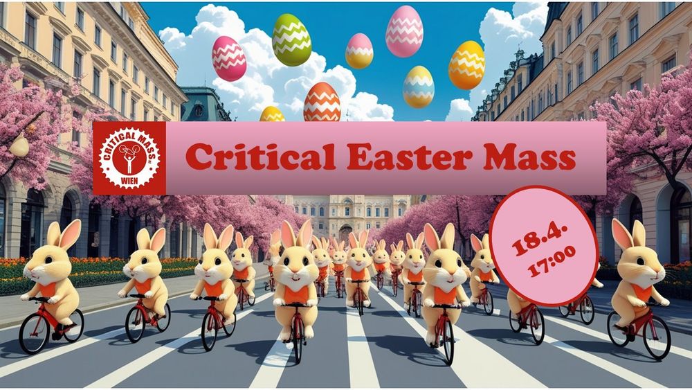 Flyer der Critical Easter Mass am 18.4.
Osterhasen auf Fahrrädern radeln auf einer breiten Straße.