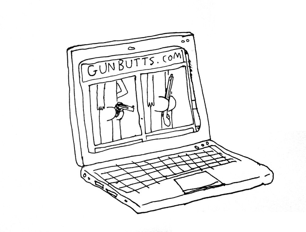 Drawing of a laptop. On the screen is gunbutts.com
