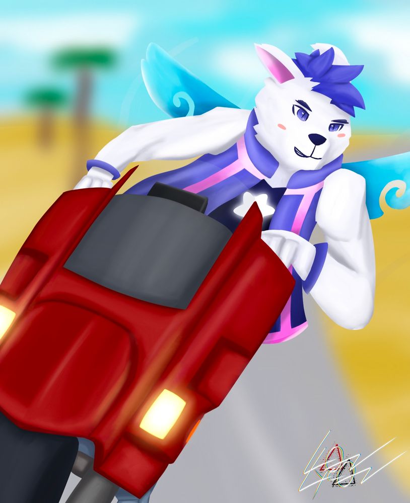 White dragon bunny sona, with white fur, purple hair and purple/pink/white hoodie and dark blue Shirt with white Star. On red bike similar to Akira's bike