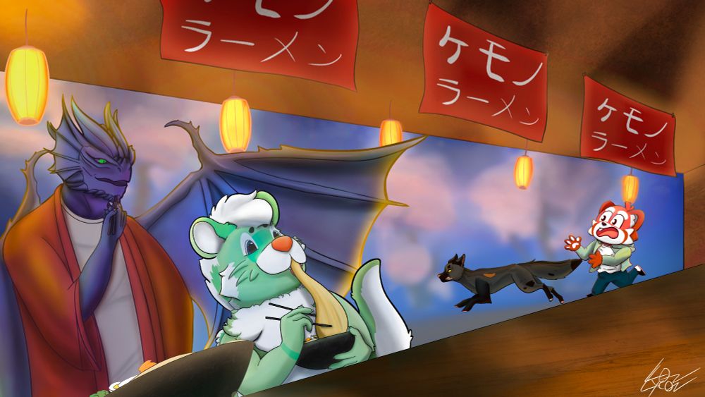 Ramen restaurant scene with Namor, Sur-Gee, Nethersworn and Percy's sonas in some shenanigans. ambient lighting