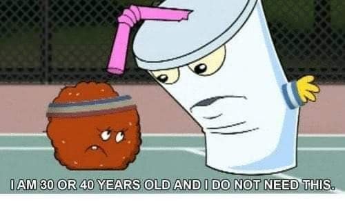 Anthropomorphic human adult sized milkshake telling a smaller anthropomorphic wad of meat wearing a sweat band “I am 30 or 40 years old and I do not need this” with a backdrop of a chain link fence encasing a basketball court