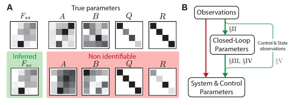 (A) Recovery from observations of the system {A,B} and cost
function {Q,R} parameters in the infinite horizon setting is limited to
identification of the closed-loop dynamics Fss. We plot the inferred Fss
using EM, as well as a combination {A,B,Q,R} that yields this same
Fss. (B) Parameter inference can be reduced to closed-loop identification
with probabilistic methods, followed by an investigation of the interaction
between the different parameters in setting the closed-loop dynamics.