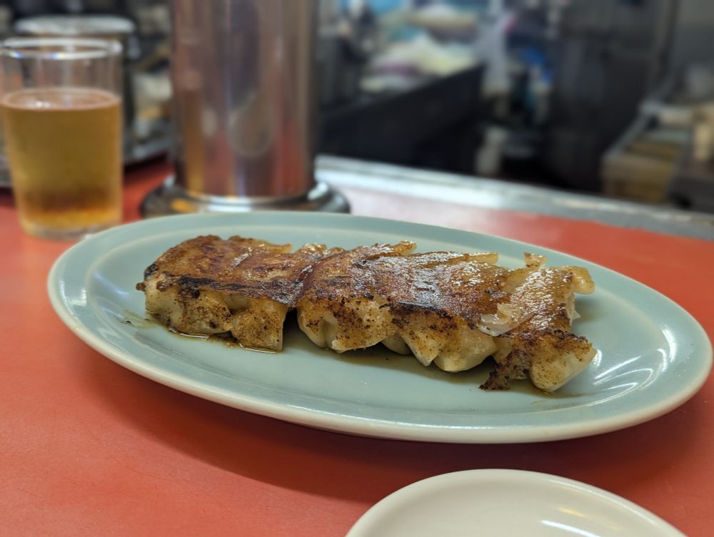 中華屋さんで楕円形のお皿にのった餃子