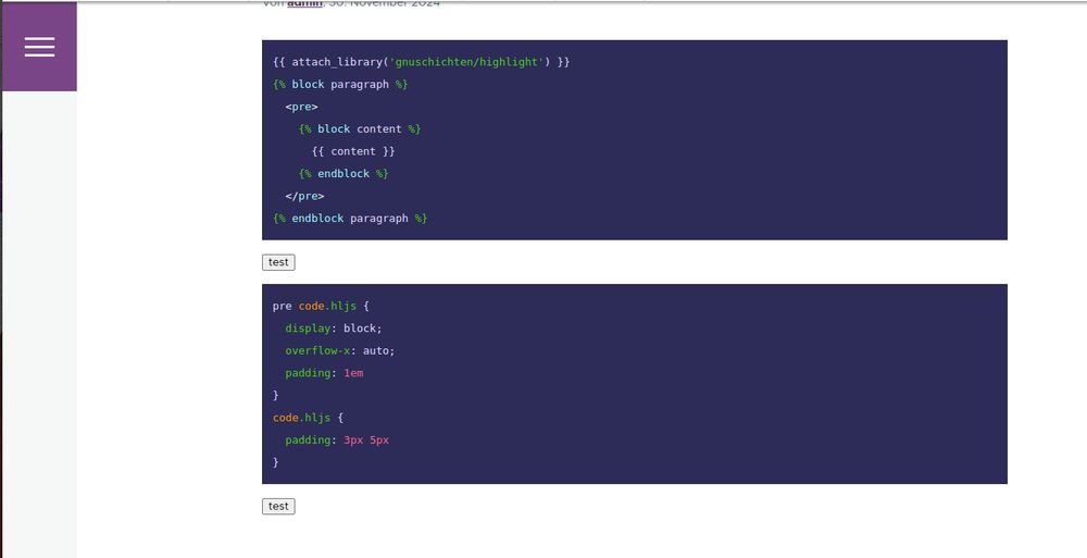Screenshot der Website mit pre code Paragraphen