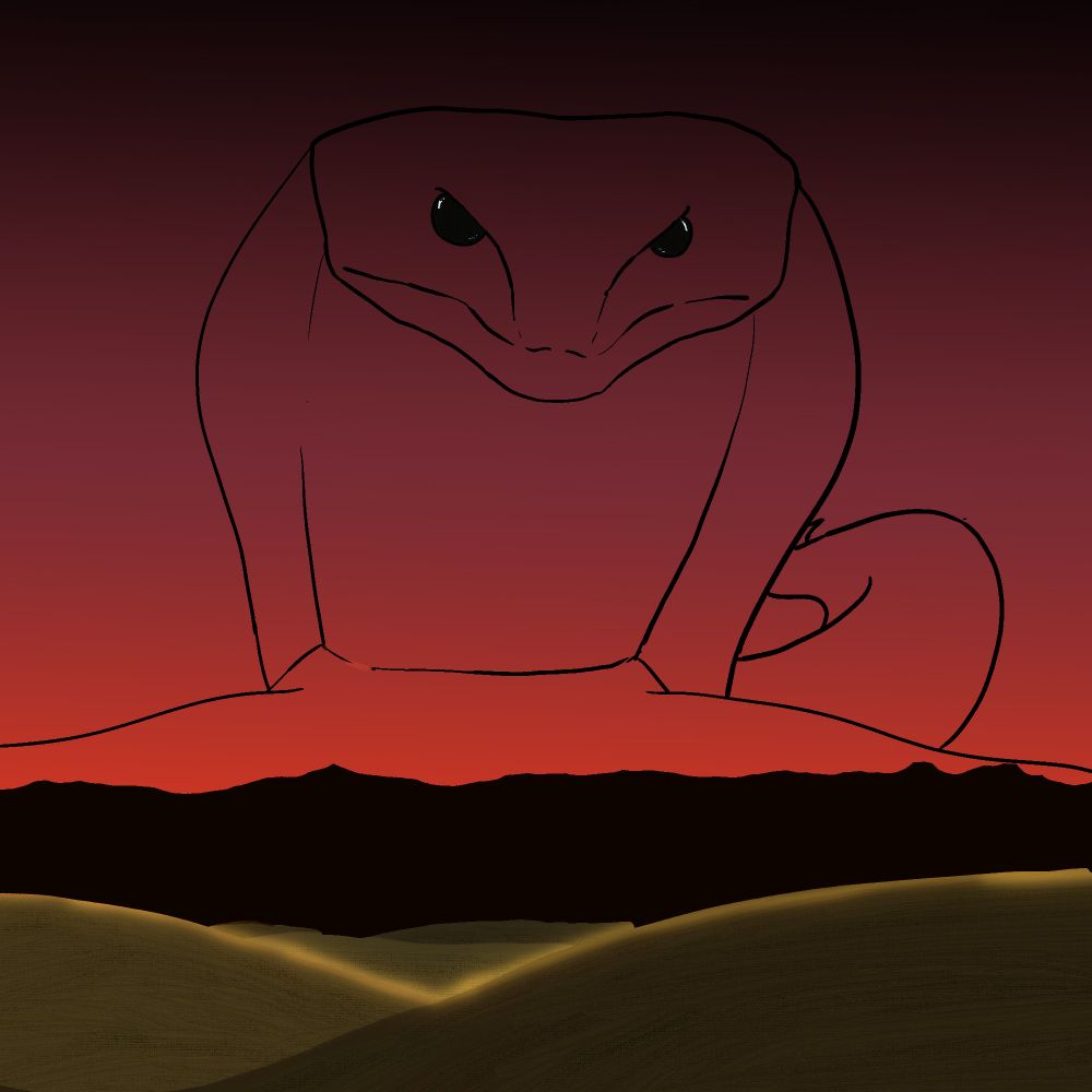 Silhouette/contour drawing of a snake against a reddening sky and the shadows of mountains and dunes