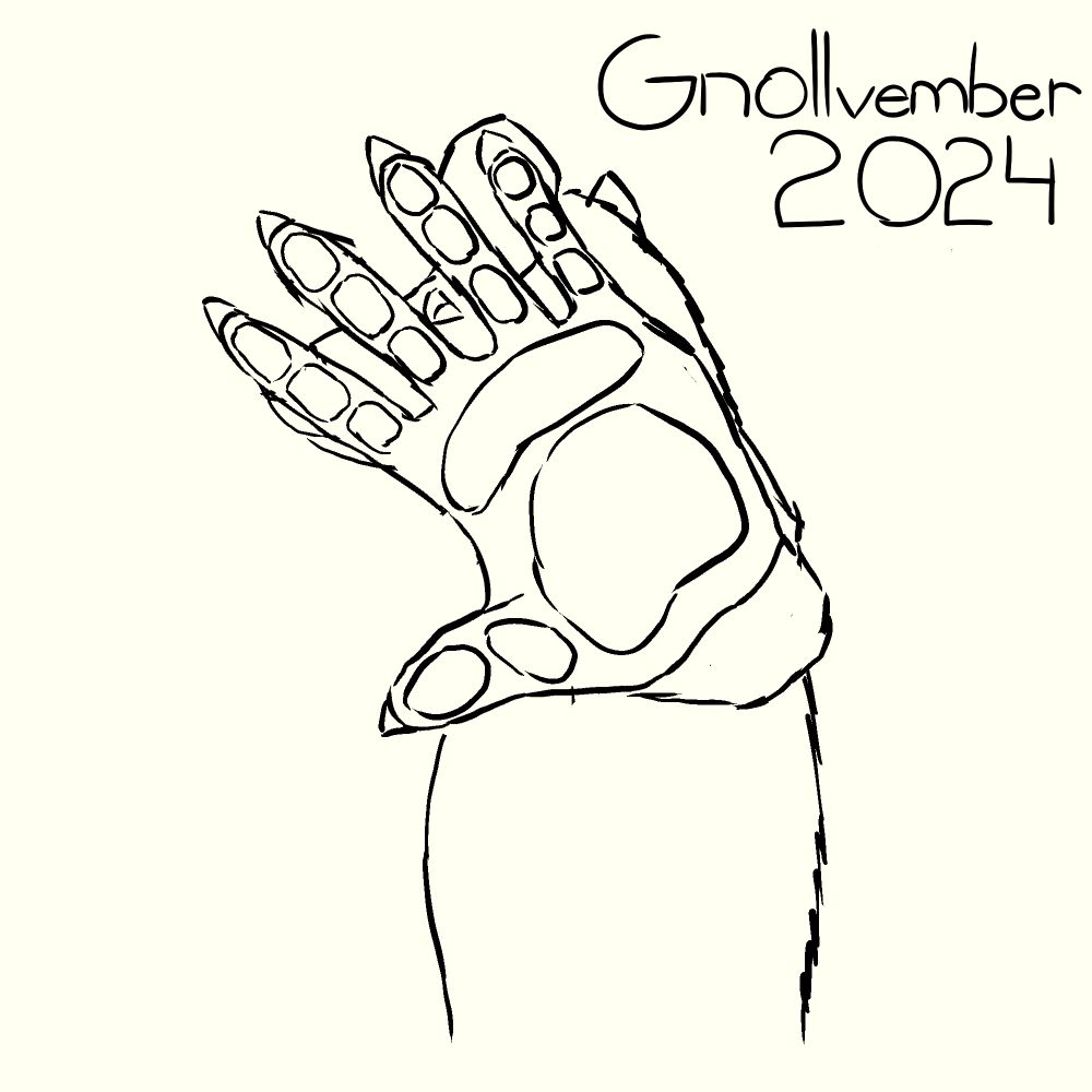 A gnoll placing his palm to the camera, covering up his face as he stands in profile