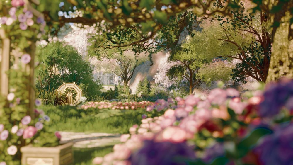 outdoor scene with trees and flowers and a water wheel and a greenhouse in the distance