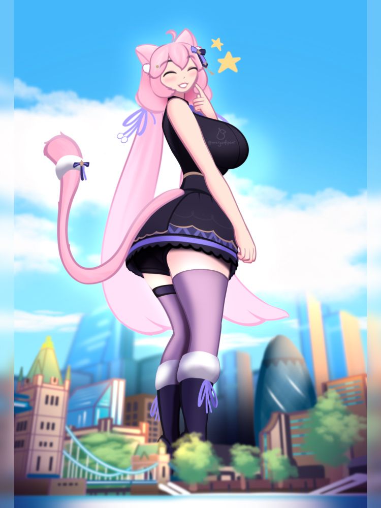 a drawing of popular vtuber nyatasha nyanners towering over London city  