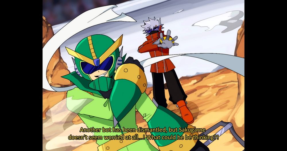A fake anime screenshot-type illustration of Sakugarne and Quint for my Rockman R AU. Quint is standing in front, holding a smug grin while Sakugarne is behind him.

Announcer: “Another bot has been dismantled, but Sakugarne doesn’t seem worried at all…! What could he be thinking?!” 