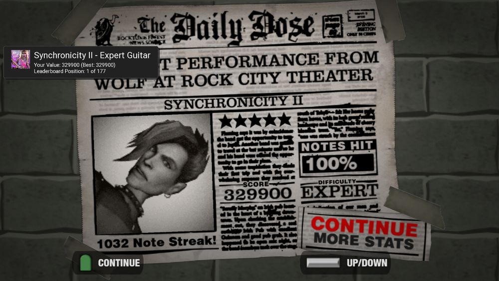 The results screen for Synchronicity II on Guitar Hero Encore: Rocks the 80's. The screen shows a 100% FC on Expert difficulty with a score of 329,900, which places 1 of 177 on the RetroAcheivements leaderboard for the song.