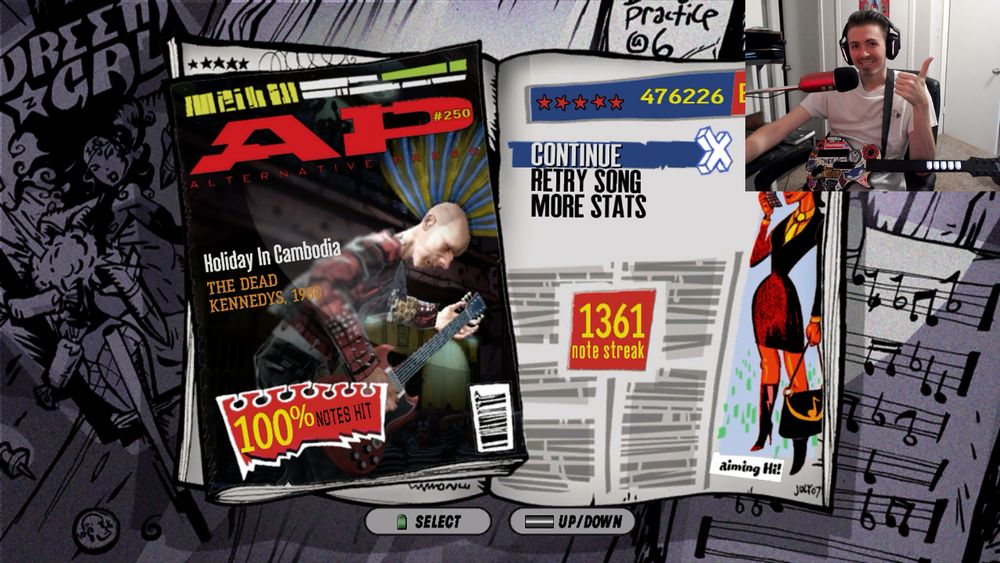 The results screen of Holiday in Cambodia in Guitar Hero 3, showing a Full Combo on Expert difficulty.