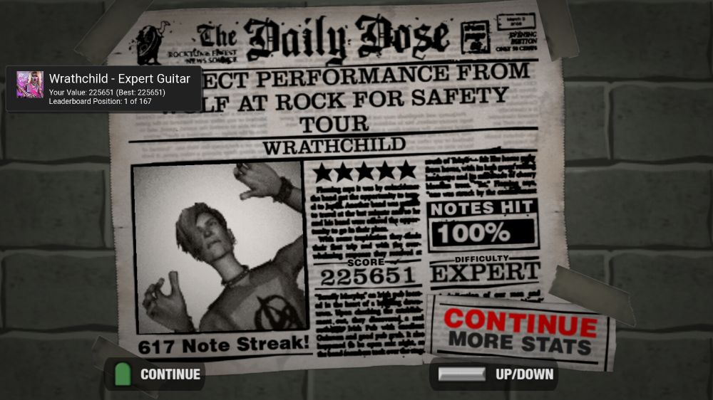 A screenshot of the results screen of Wrathchild by Iron Maiden from the game Guitar Hero Encore: Rocks the 80s. A RetroAchievements banner is on the top left of the screen, showing that my high score of 225,651 is #1 on the website's leaderboard.