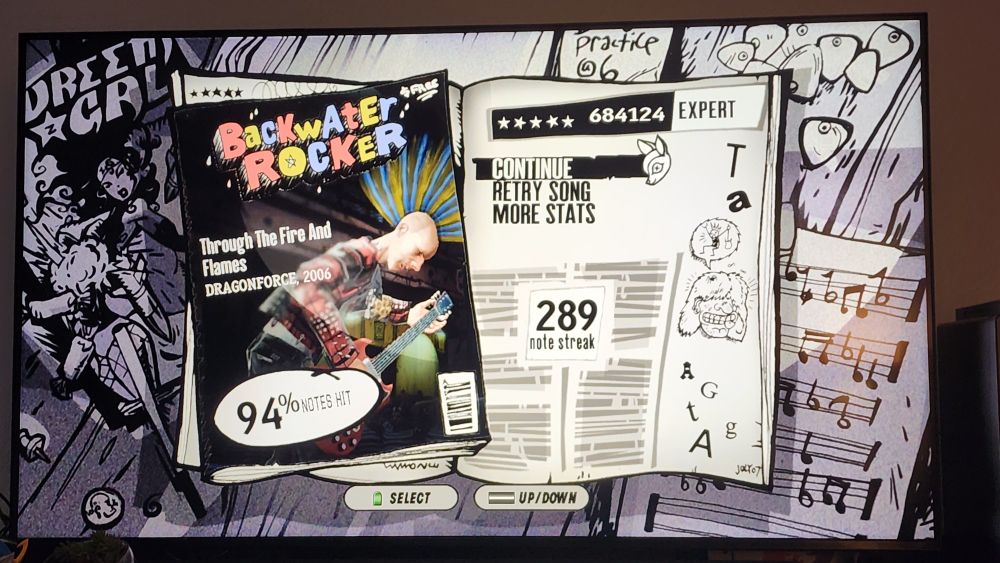 The results screen for Through the Fire and Flames on Guitar Hero 3, Guitar, Expert difficulty. 94% of the notes were hit, with a score of 684,124.