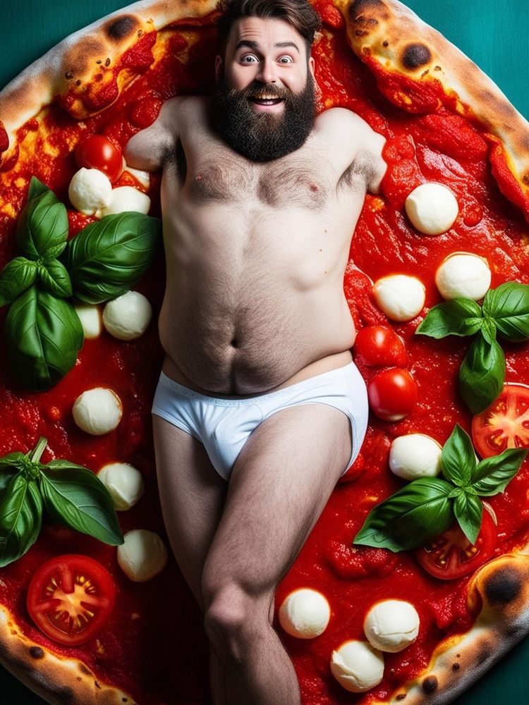 Image générée par IA montrant un homme réjoui en train de se baigner dans une pizza napolitaine