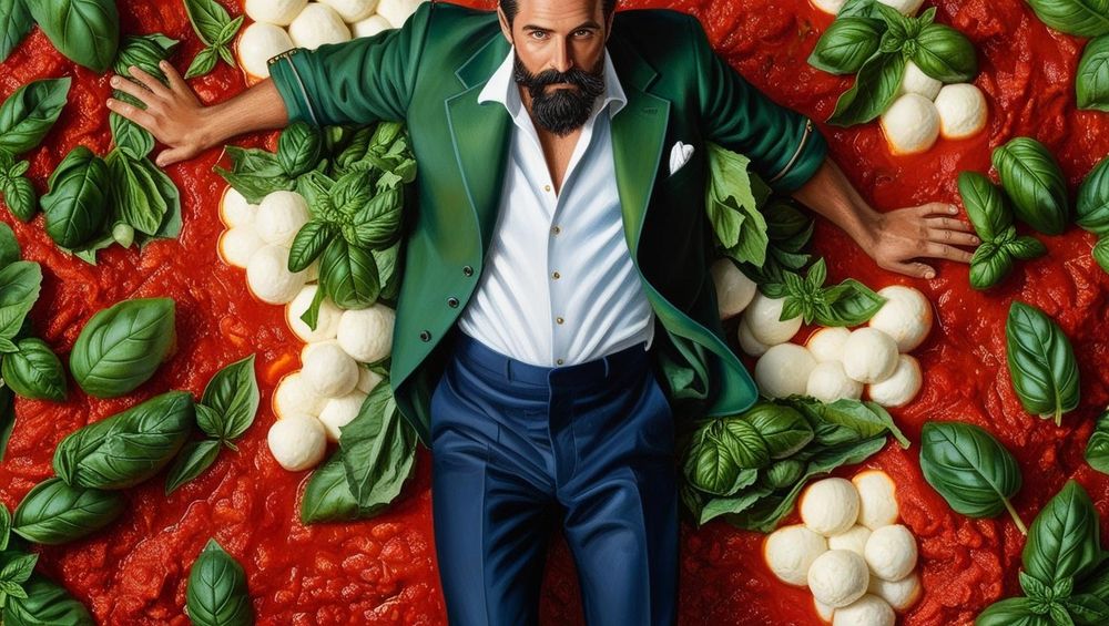 Un homme barbu et séduisant, étendu sur un lit de sauce tomate, de mozzarella et de feuilles de basilic comme sur une pizza napolitaine 