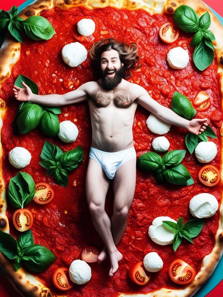 Ce n'était pas voulu, mais dans cette nouvelle version du même prompt, l'image générée montre un homme barbu aux cheveux longs, évoquant étrangement l'iconographie de Jésus sur la croix... À la différence qu'il a une mine réjouie et qu'il repose sur une pizza napolitaine.