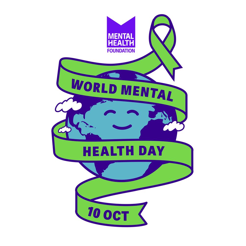 Mental Health foundation graphic with a picture of the earth smiling, wrapped in a ribbon that has the text 'World Mental Health Day 10 Oct.'