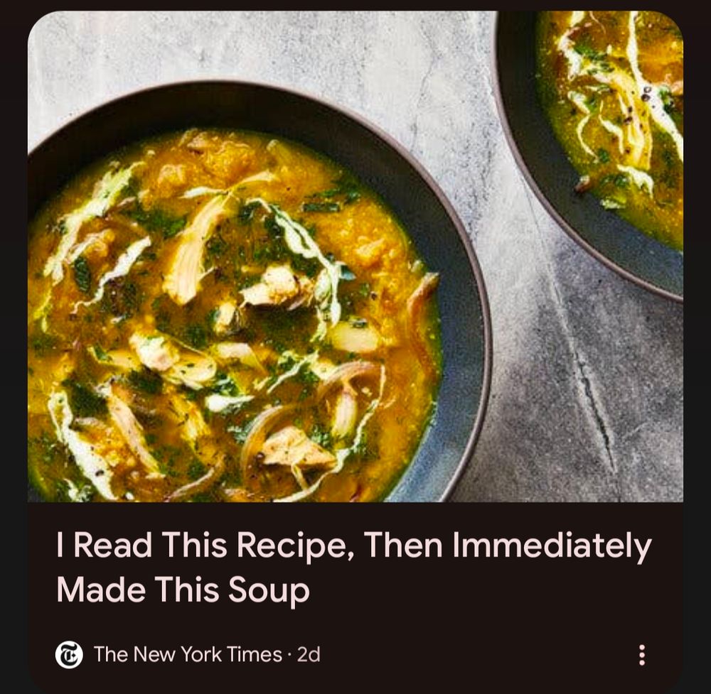 A preview of a New York Times article with the headline "I Read This Recipe, Then Immediately Made This Soup"