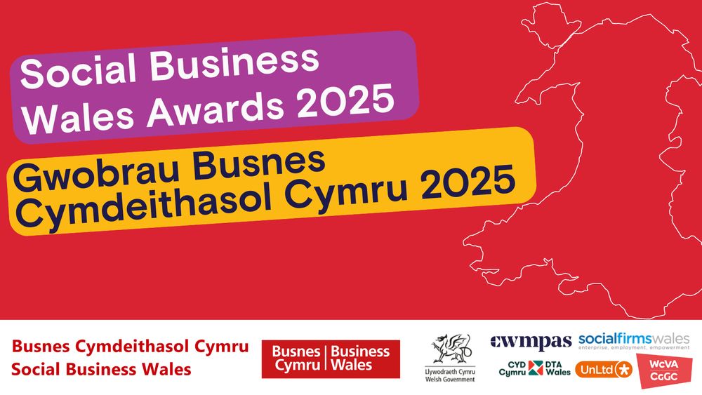 A graphic for the SBW Awards. Reads 'Social Business Wales Awards 2025' in English and Welsh.