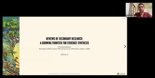Screenshot from a Zoom presentation showing the title slide of Dr. Damien Beillouin's talk, titled 'Reviews of Secondary Research: A Growing Frontier for Evidence Synthesis.' A small video thumbnail of Dr. Beillouin appears in the upper right corner."