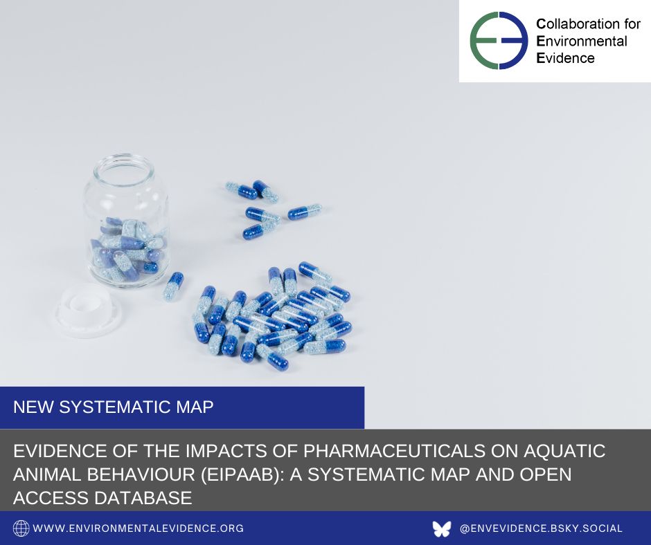 Glass jar of white and blue pills, with pills some spilled out onto a white surface. The Collaboration of Environmental Evidence logo is shown in the upper right corner, while in the foreground at the bottom of the image are the words "New systematic map” and the title of the paper "Evidence of the impacts of pharmaceuticals on aquatic animal behaviour (EIPAAB): a systematic map and open access database” Photo by Pawel Czerwinski on Unsplash 