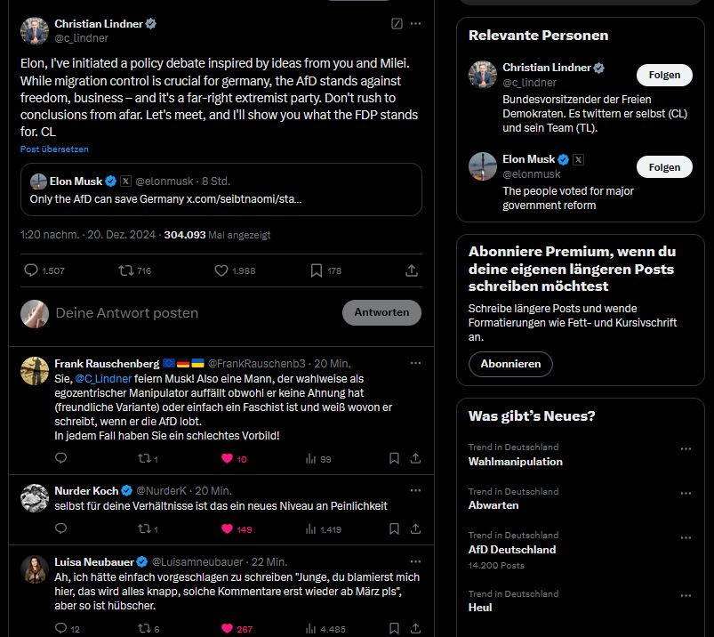 X-Screenshot: Lindner schleimt sich bei Musk ein. Zu lang, um hier alles zu zietieren.