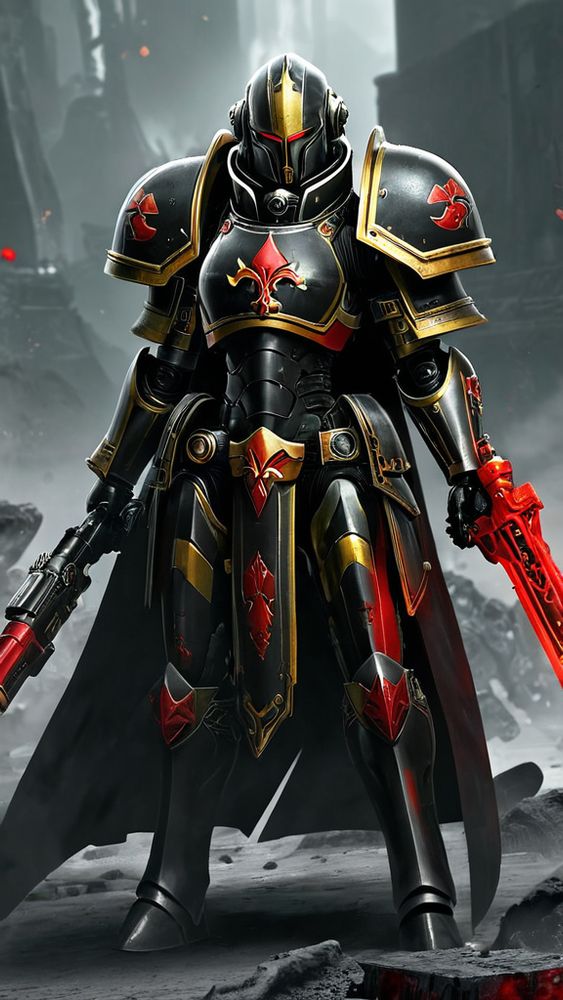 Eine Adaption einer Adepta Sorotitas aus dem Warhammer 40 K Universum mit der Lilie in einer Schwarzen Powerrüstung mit den Farbinsignien Ihres Ordens. Eine Sister of Battle - Ein Engel des Krieges. 