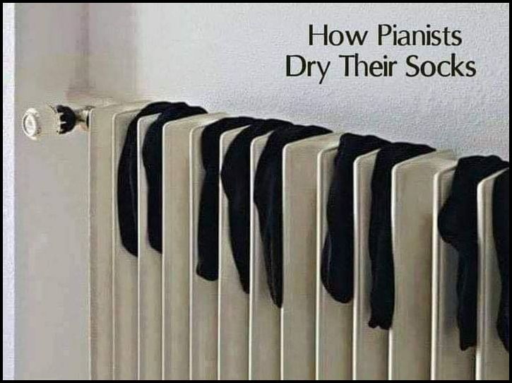 Ein Heizkörper mit mehreren schwarzen Socken, die so über die einzelnen Rippen gehängt sind, dass es aussieht wie die schwarzen Tasten eines Klaviers. In der rechten oberen Ecke steht der Text: „How Pianists Dry Their Socks“ (Wie Pianisten ihre Socken trocknen).






Ein Heizkörper mit mehreren schwarzen Socken, die so über die einzelnen Rippen gehängt sind, dass es aussieht wie die schwarzen Tasten eines Klaviers. In der rechten oberen Ecke steht der Text: „How Pianists Dry Their Socks“ (Wie Pianisten ihre Socken trocknen).










