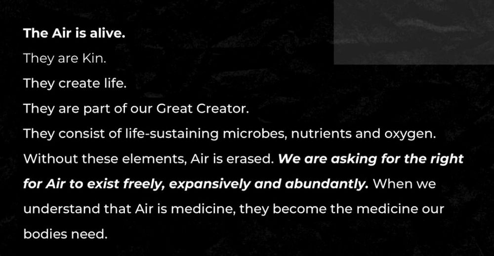 screenshot from "A Declaration for Air" prepared by Centric Lab with the words:

The Air is alive.
They are Kin.
They create life.
They are part of our Great Creator.
They consist of life-sustaining microbes, nutrients and oxygen.
Without these element, Air is erased. We are asking for the right for Air to exist freely, expansively and abundantly. When we understand that Air is medicine, they become the medicine our bodies need.