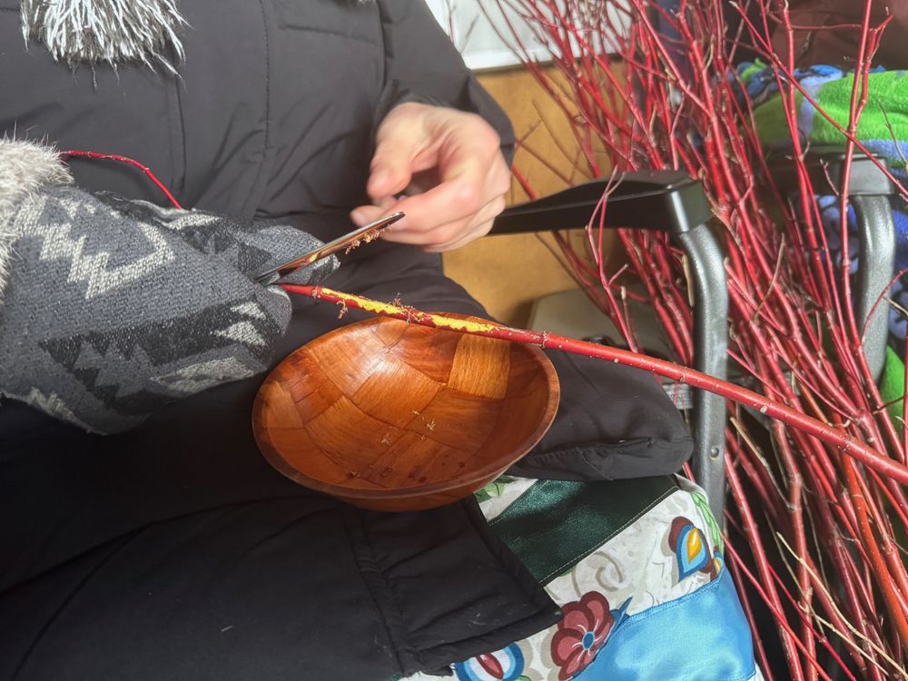 pictures of the hands of a woman with a knife scraping the bark of Red Willow into a bowl