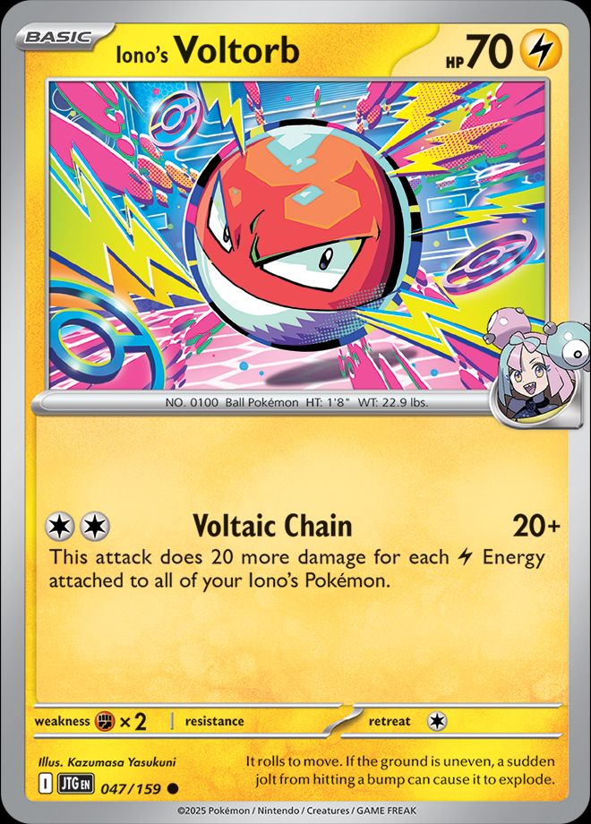 Image of a pokemon card of Voltorb The art is brightly colored with half-tones and dots to act as shading. The shading is cell shaded and the lineart has thick, bold lines.
Coming from the voltorb are lightning symbols with half tones, and hot pink different sized circles.