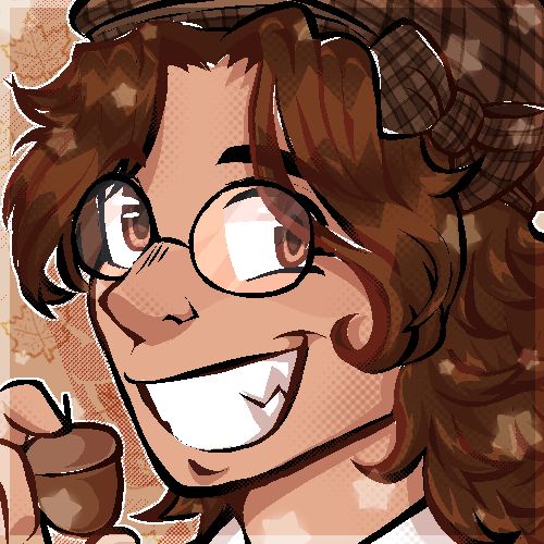 A digital drawing of a headshot of a white-skinned human wearing round glasses with brown eyes, brown hair, and a brown plaid patterned beret. They're smiling while holding an acorn.