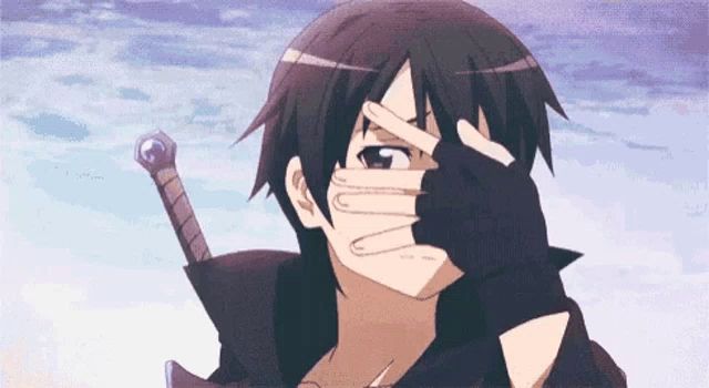 a boy with a sword covering his face with his hands