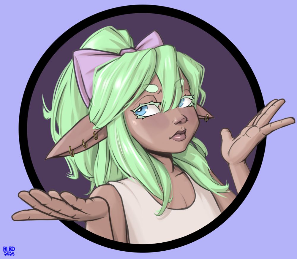 Bust drawing of a femboy with green hair tied with a large pink bow, shrugging so that his hands emerge from the circular frame around him. He has pierced long pointy ears like an elf.