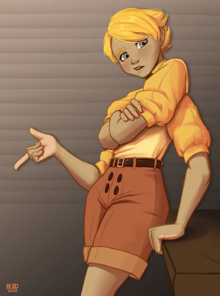 A four-armed girl with a short pixie cut and bronze/gold color theme leans against a desk with upper arms folded. She is gesturing as though explaining something to the viewer. She wears high-waisted shorts with a top with puffy sleeves tucked in.