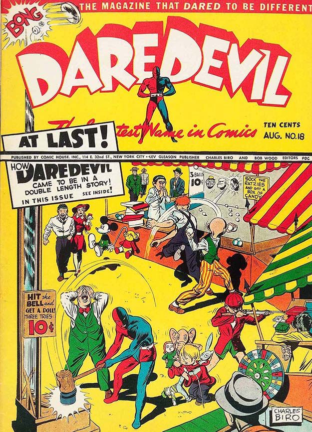 The cover to the Lev Gleason-published Daredevil comic #18, showing the titular character at a carnival hitting a high striker with a mallet 