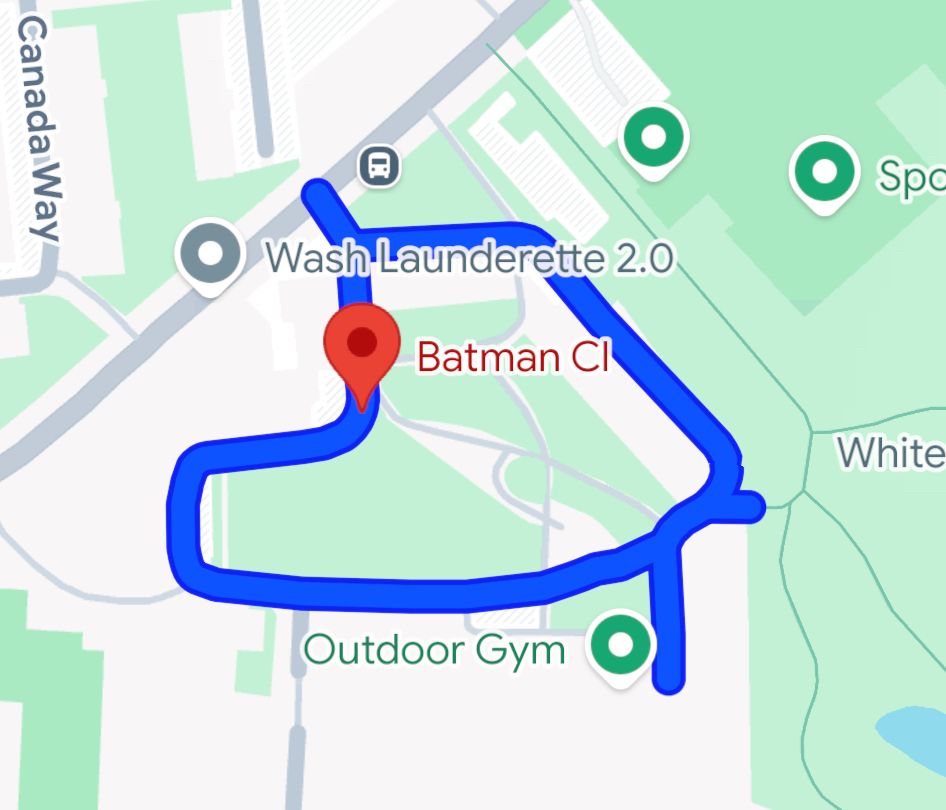 Section from Google Maps showing Batman Close in London W12, along with the Wash Launderette and an outdoor gym