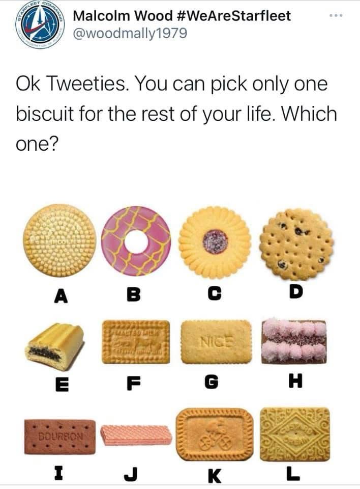 A tweet showing a photo of a wide selection of biscuits with the text “Ok Tweeties. You can pick only one biscuit for the rest of your life. Which one?”