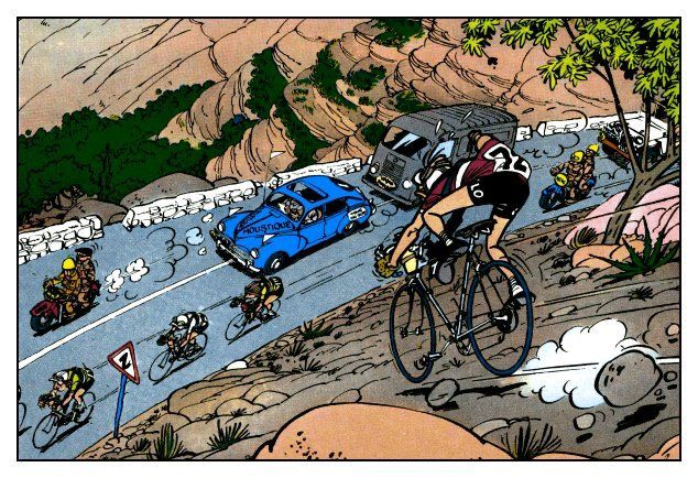 From André Franquin’s La Mauvaise Tête, Spirou’s sidekick Fantasio, on the run from the police, decides to hide from the police by joining a bike race but accidentally veers off the road and plummets down a steep slope on his bike. Franquin could draw bicycles like nobody’s business 