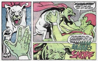 From Superman #423 by Alan Moore, Curt Swan and George Pérez: Superman’s dog Krypto sacrifices himself to save his master by savaging the Kryptonite Man, killing him 